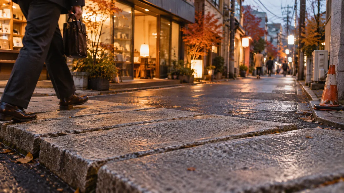 濃い色の舗装の上に、大きな灰色の御影石が石橋の飛び石のように並ぶ