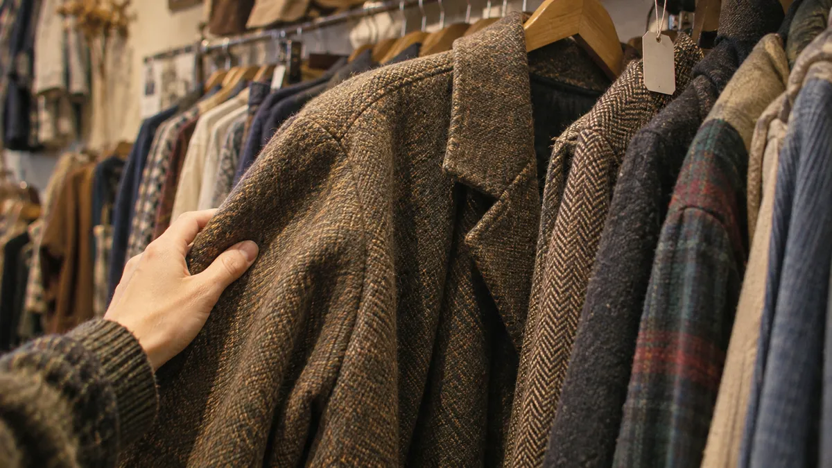 厚手の上着をラックから引き出す手