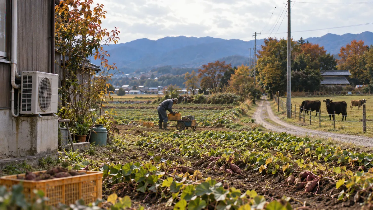畑の向こうに牛のいる草地が続く