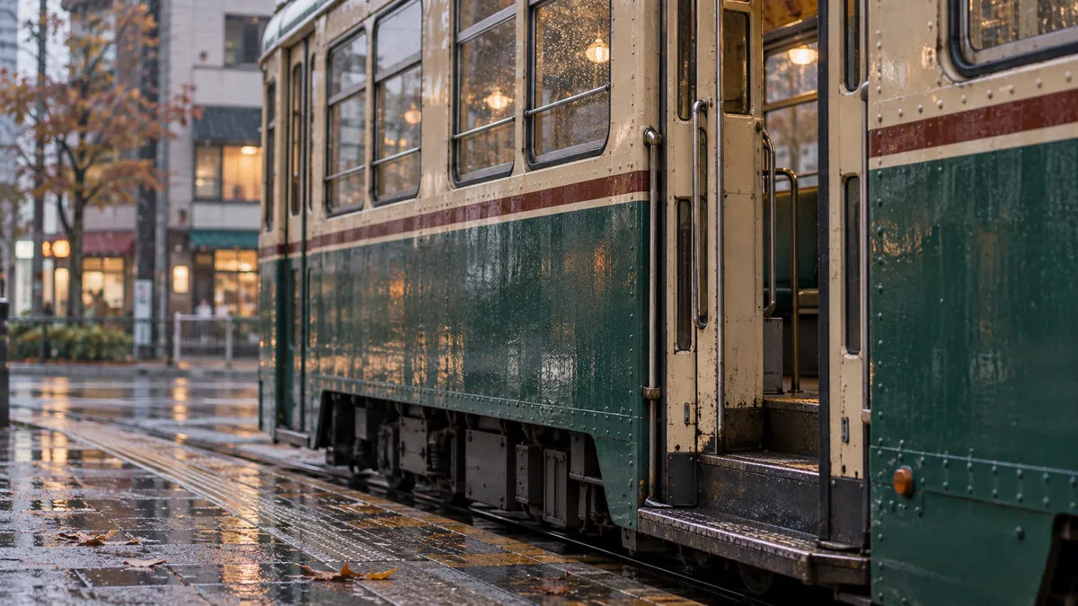 雨あがりの停留所に停まった路面電車の側面
