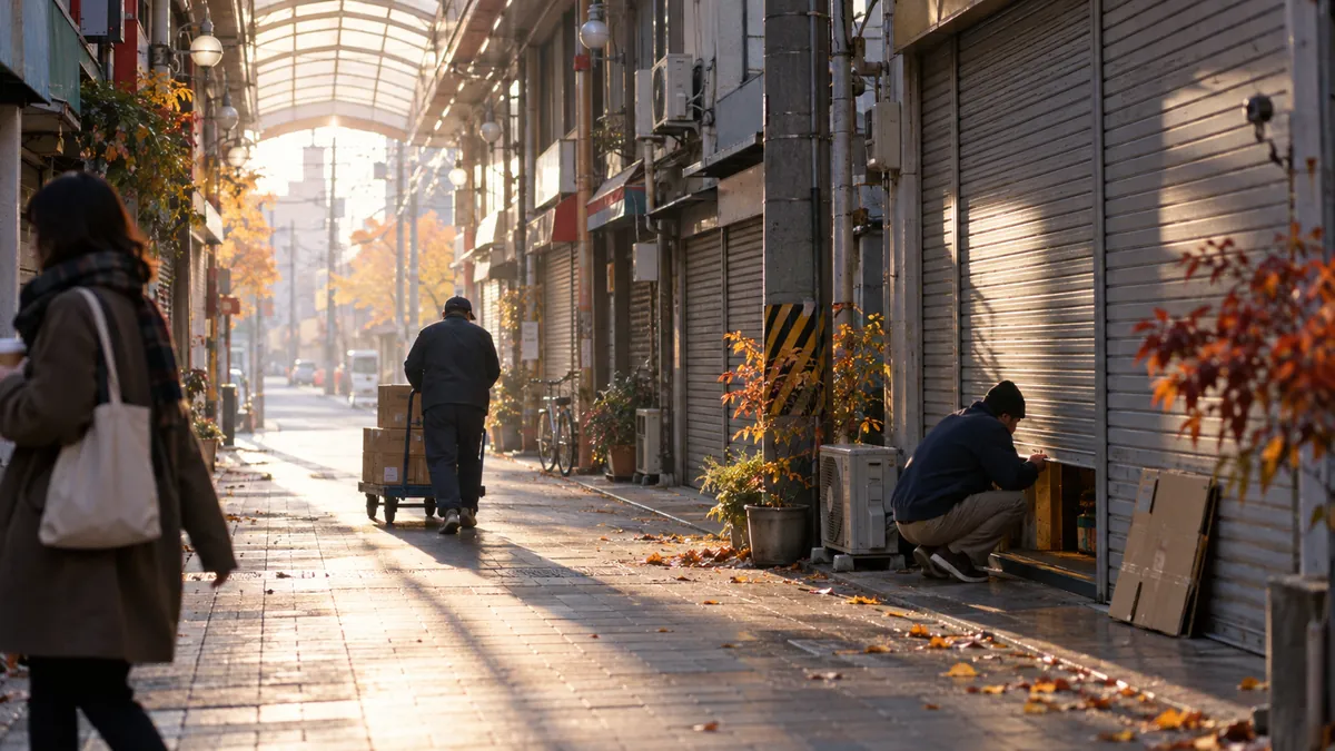 屋根のある長い商店街の中