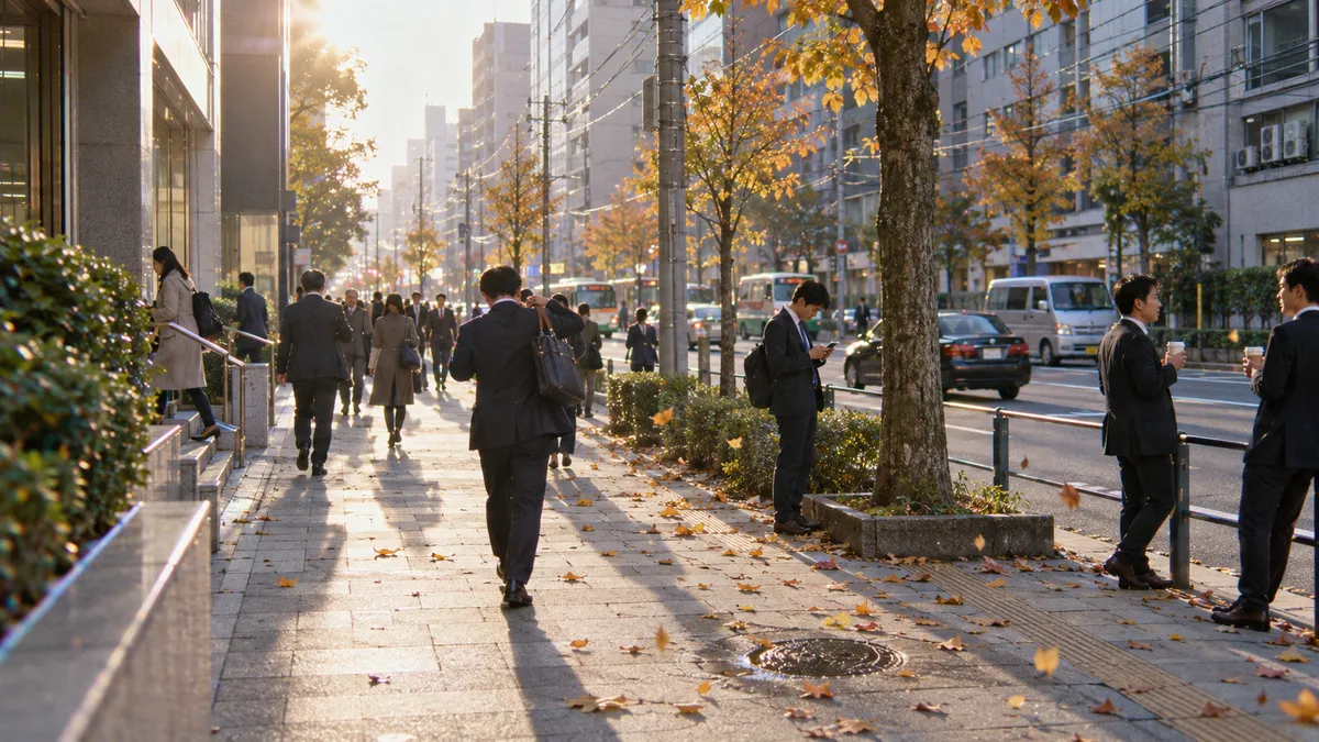 朝の光が歩道に長い影を落とす