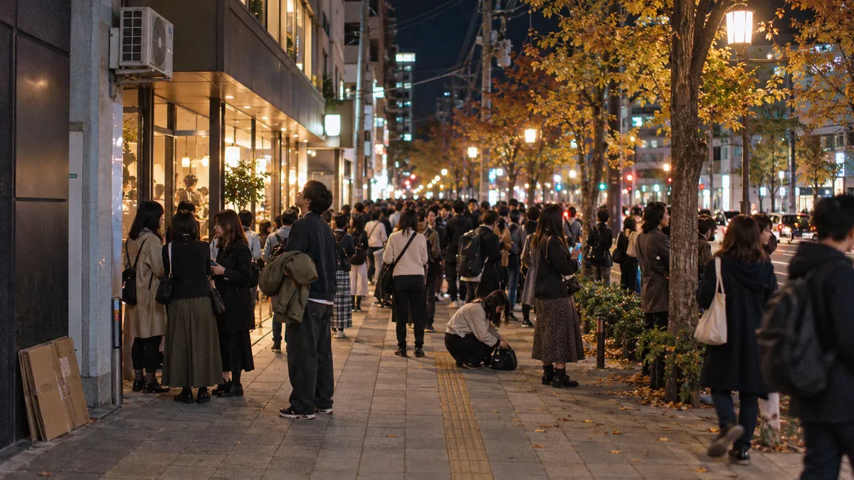 夜、歩道いっぱいに人が立ち止まっている