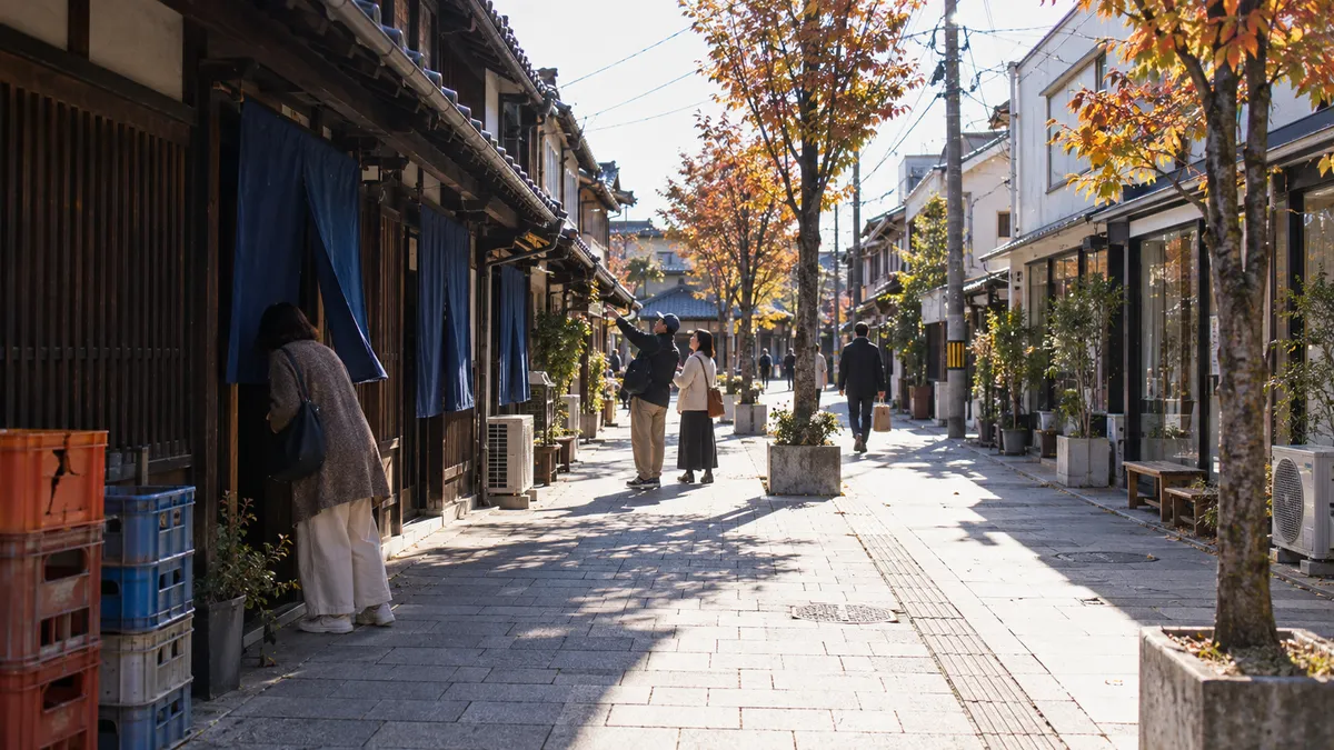 低い店が二列に並ぶ広い歩行者の通りを、端から奥へ見通す