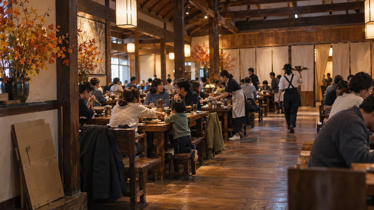 太い梁のあらわな高い木の天井の下に、長い木の卓が並ぶ広い食堂