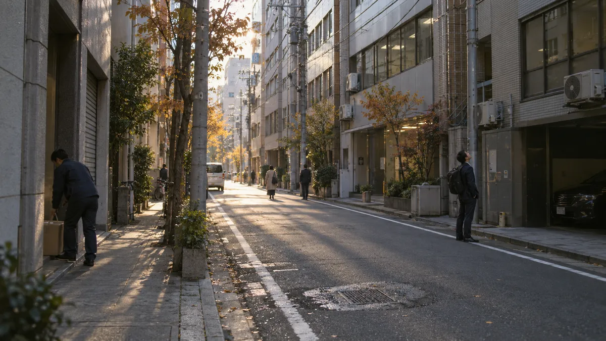 中層のビルが両側から道の上に迫る細い通りを、奥まで見通す