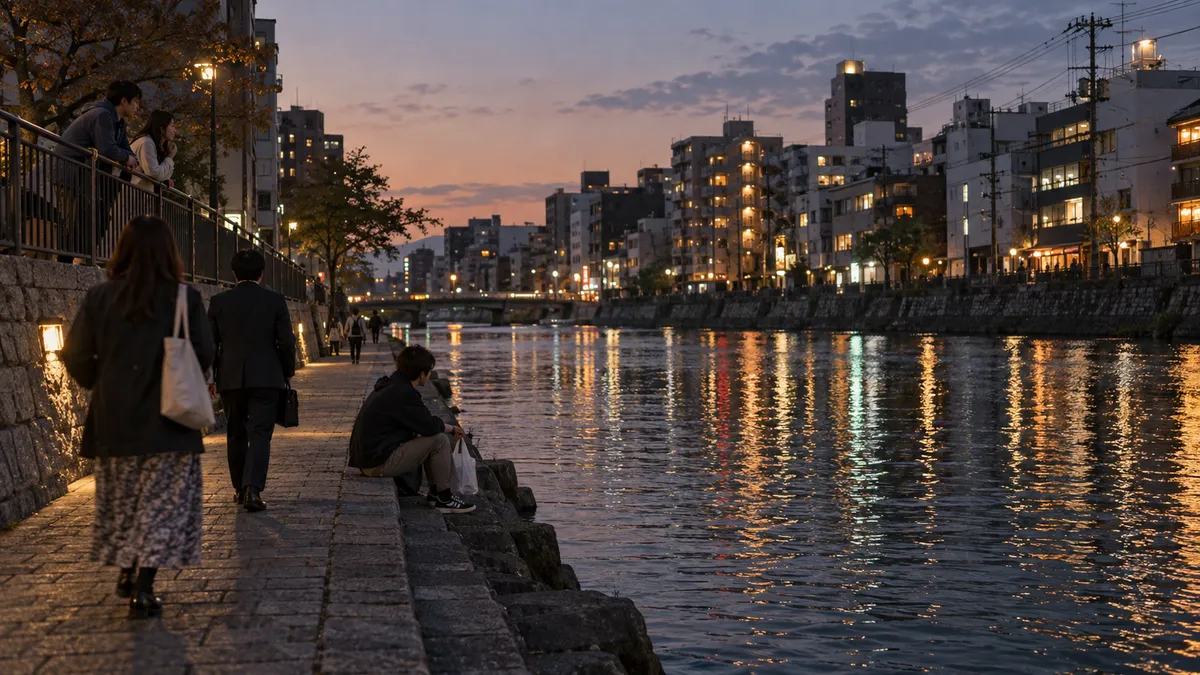 日が落ちたばかりの川沿い