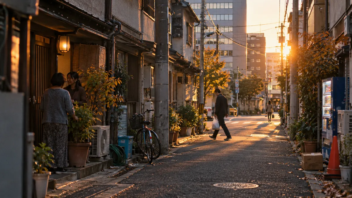 低い夕日が路地のつき当たりから差し込む