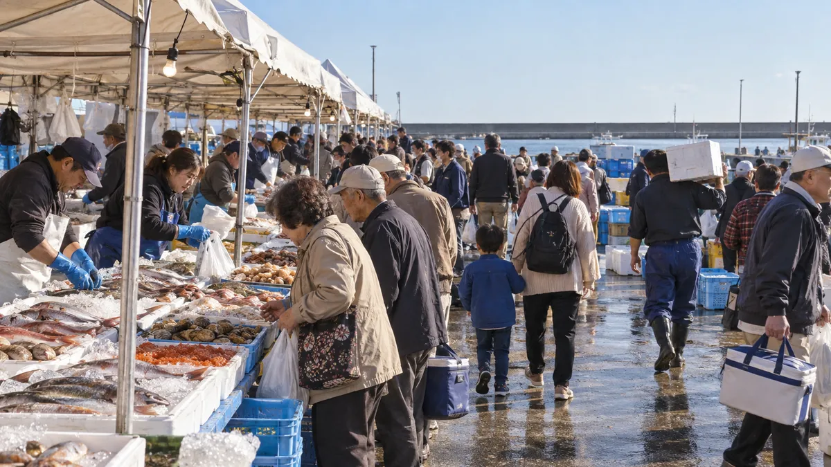 白い天幕の下の魚の店