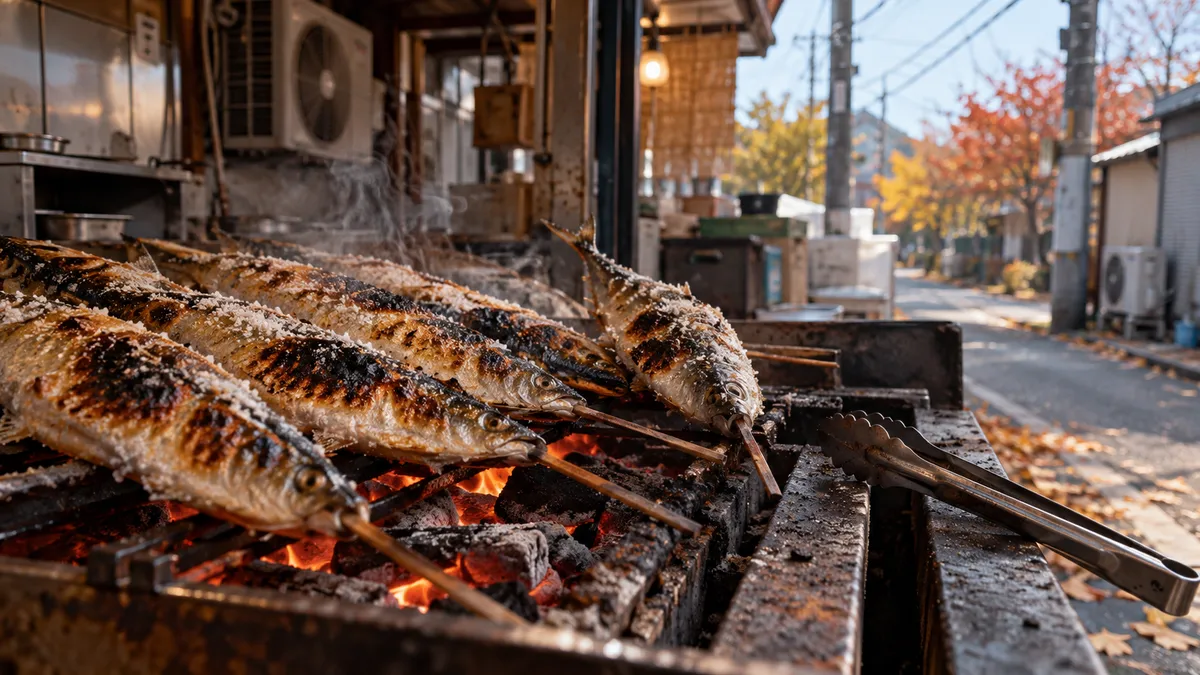串に刺した魚が、赤くなった炭の上で焼かれている