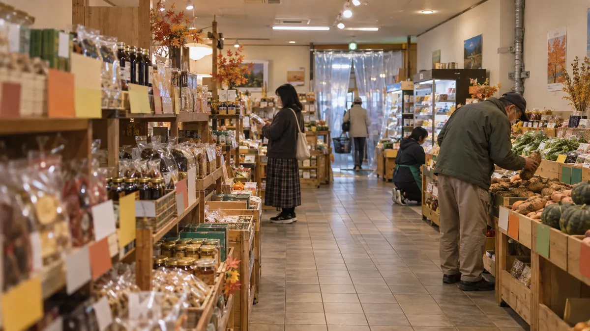 物産の店内に棚が並ぶ