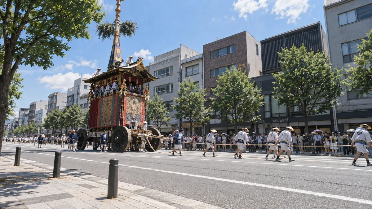 平らな大通りを曳山が進む