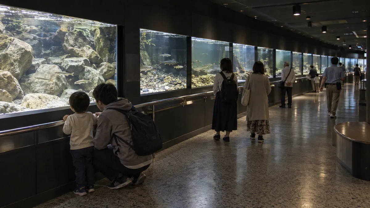 暗い展示室の片側に、水槽がひと続きに並ぶ